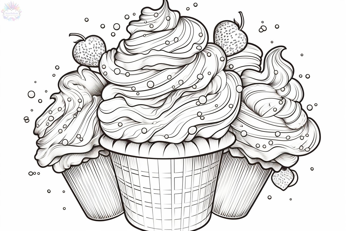 Desenho para colorir com bolo, sorvete, cupcake, doces e outros